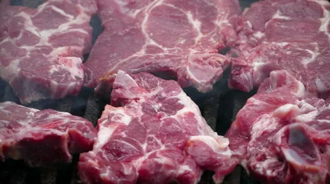Meat on the grill, closeup, 4k Stock Footage 68370617