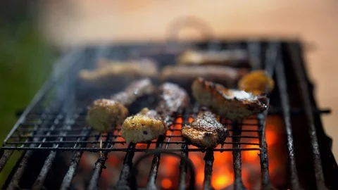 Meat grill cooking in camping on mountain. Meat on hot fire and flame, smoke Video stock 95437531