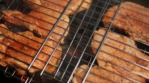 Meat on the grill with flames closeup Stock Footage 54586683