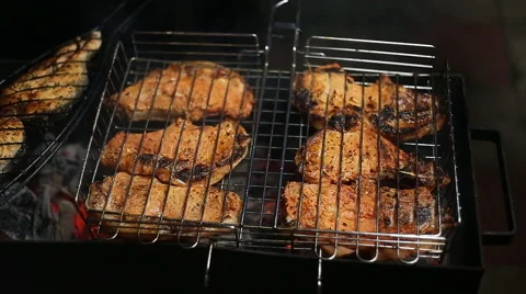 Meat on the grill with flames closeup Stock Footage 54589376
