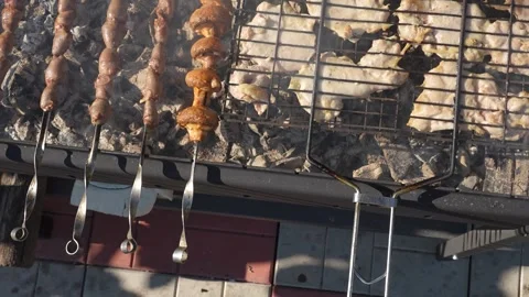 Meat on the grill is fried outside Stock Footage 318713287