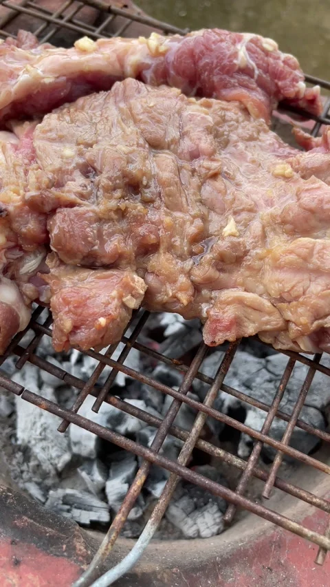Meat grilled cooking raw food. Stock Footage 283354341