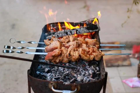 Meat is grilled on fire Stock-Fotos