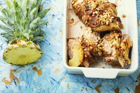 Meat grilled with pineapple Stock Photos