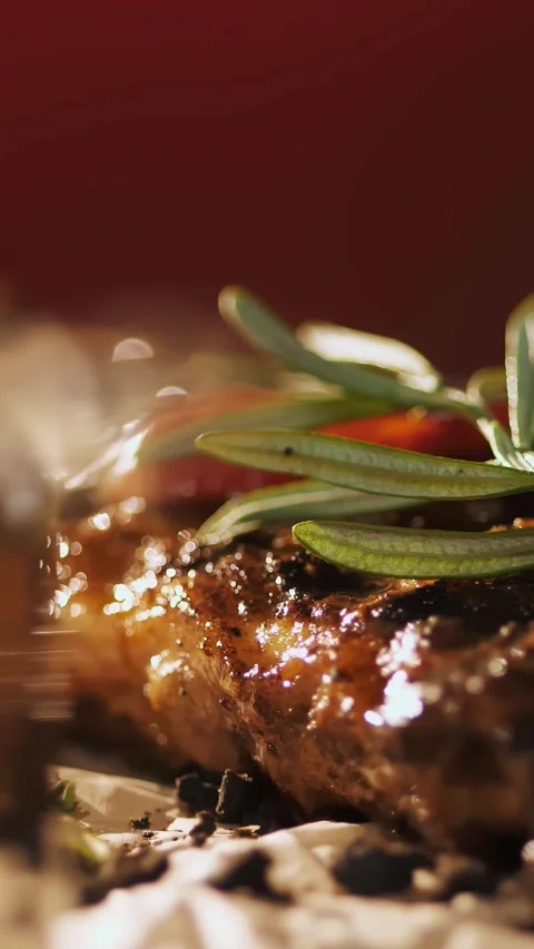 Meat. grilled rib. top view. grilled juicy pork ribs, decorated with fragrant Stock Footage 320775372