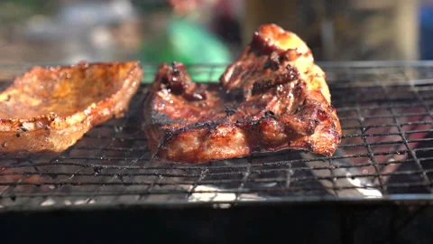 Meat grilling fire flame on party background for cooking, close up view 動画素材 145844128