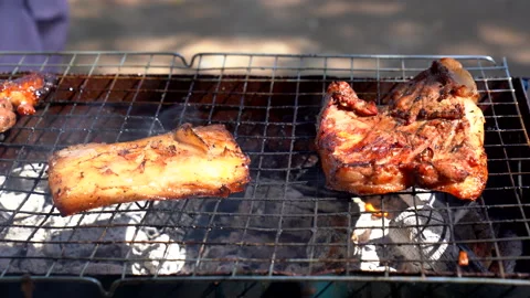 Meat grilling fire flame on party background for cooking, close up view 库存影片 145844527