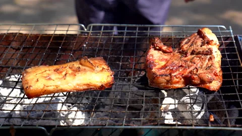 Meat grilling fire flame on party background for cooking, close up view Video stock 145844557