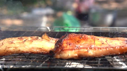 Meat grilling fire flame on party background for cooking, close up view Vídeos de archivo 145844666