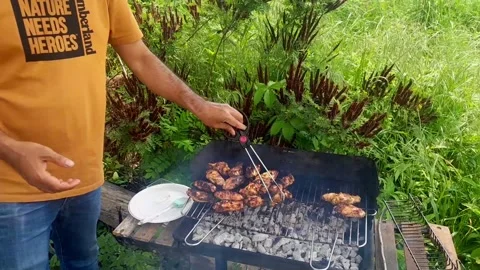 Meat grilling on a grill by hand video footage. Stock Footage 292185599