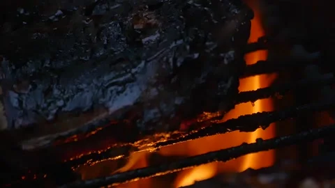 Meat grilling over a barbecue fire outdoors in spring or summer Stock Footage 152363247