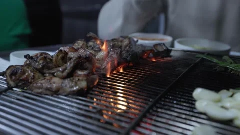 Meat Grilling Over Hot Coals On Metal Grate Stock Footage 345860771