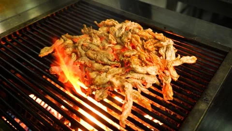 Meat Grilling over Open Flame on Wire Grill Close Up 動画素材 335614067