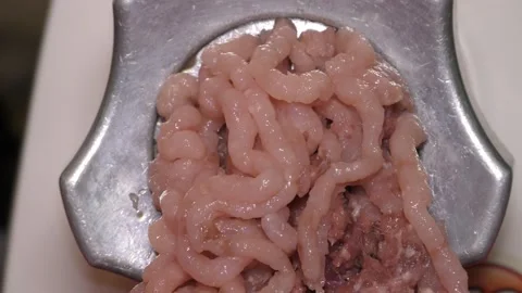 Meat grinder grinds raw meat Video stock 143579887