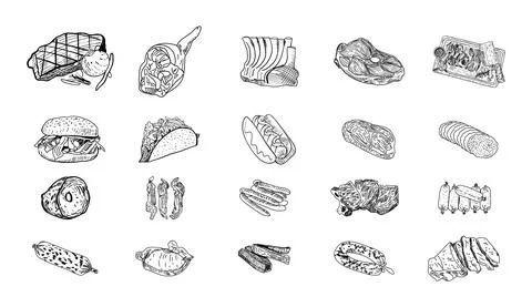 Meat - hand drawn collection. Vector. Stock Illustration