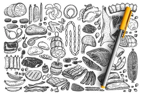 Meat hand drawn doodle set Stock Illustration