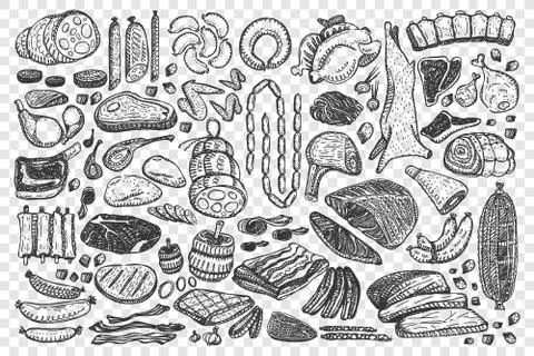 Meat hand drawn doodle set Stock Illustration
