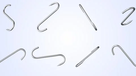 Meat Hooks Falling on a Light Blue Background. S Shape Metal Hook 3D. 4K Stock Footage 309847704