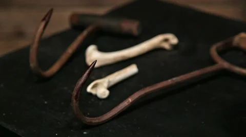 Meat hooks scary room bones Stock Footage 33940176