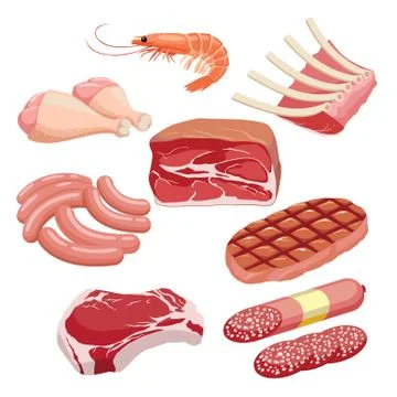 Meat icon set vector Fresh and grilled meat icons set. Steak, shrimp, chicken Иллюстрация