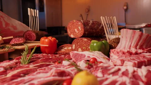 Meat industry set of multiple raw products from bio grown animals. Stock Footage 295269747