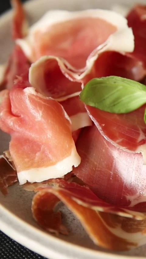Meat jamon iberico or serrano snack fresh tasty food dish Stock Footage 321768348
