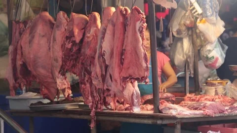 Meat market outdoor hanging fresh Stock Footage