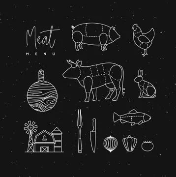 Meat menu flat design elements black Illustrazione stock