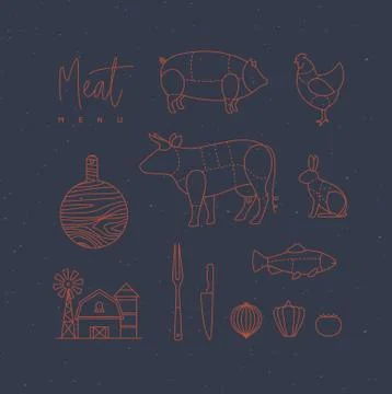 Meat menu flat design elements blue Ilustración de archivo