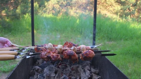 Meat with mushrooms fried on coals 스톡 동영상 342595598