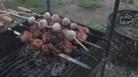 Meat with mushrooms fried on coals Stock Footage 346034842