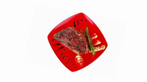 Meat over white : grlled meat shoulder on red plate Vídeos de archivo 25122817