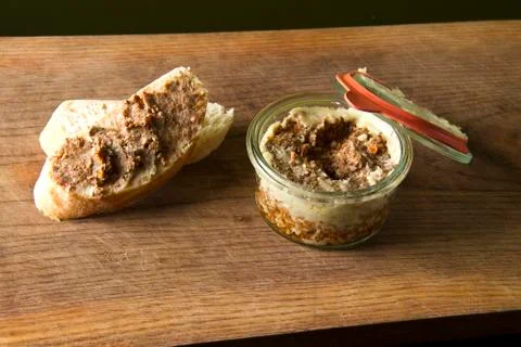 Meat pate on board with bread Stock Photos
