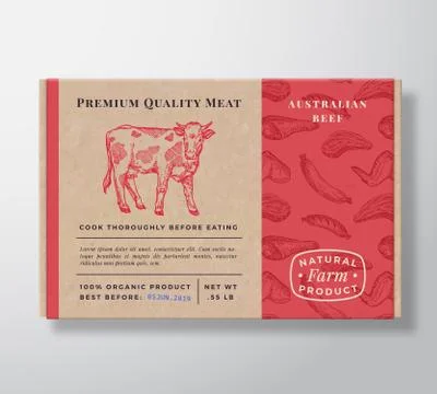 Meat Pattern Realistic Cardboard Box Container. Abstract Vector Packaging Design Illustrazione stock