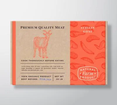 Meat Pattern Realistic Cardboard Box Container. Abstract Vector Packaging Design Illustrazione stock