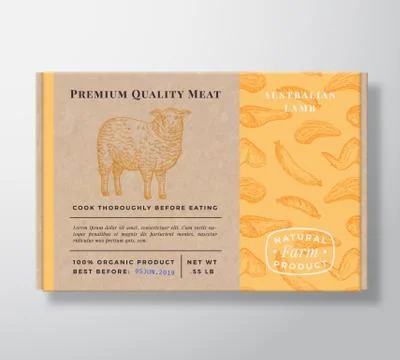 Meat Pattern Realistic Cardboard Box Container. Abstract Vector Packaging Design Illustrazione stock