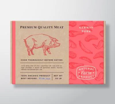 Meat Pattern Realistic Cardboard Box Container. Abstract Vector Packaging Design Illustrazione stock