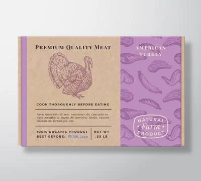 Meat Pattern Realistic Cardboard Box Container. Abstract Vector Packaging Design Illustrazione stock