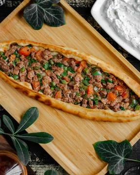 Meat pide with mixed vegetables Stock Photos