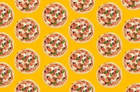 Meat pizza pattern design on yellow background Stock Photos