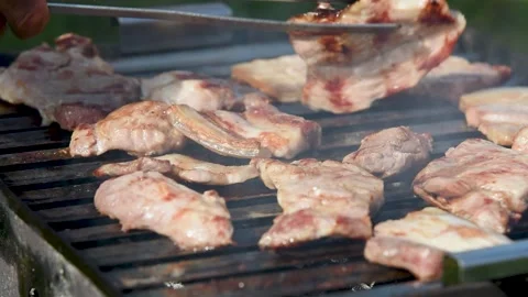 Meat preparing on barbeque close up Stock Footage 335694234