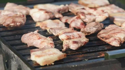 Meat preparing on barbeque close up time lapse Stock Footage 335693686