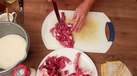 Meat preparing - beef suet cut onto small chunks Stock Footage 44760760