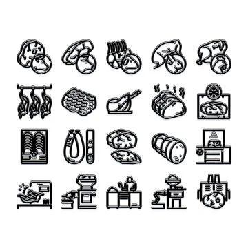 Meat processing and butchery food industry icons collection Stock Illustration