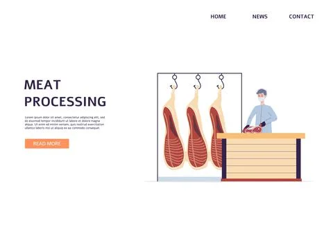 Meat processing banner with butcher cuts meat carcass, flat vector illustration. Stock Illustration