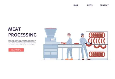 Meat processing factory website banner, people making sausages Stock Illustration
