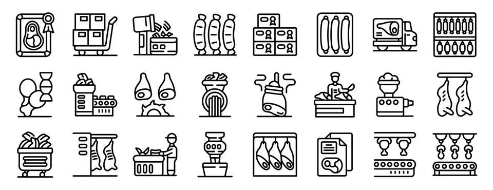 Meat processing icons set. Icons depicting meat processing, including butcher Stock Illustration