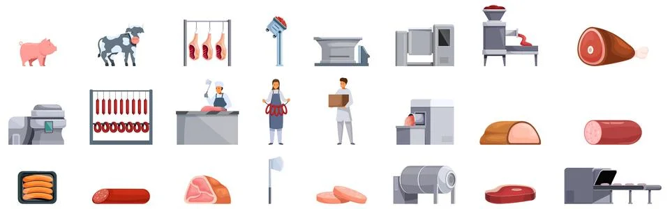 Meat processing icons set. Meat processing and production, from livestock t.. Stock Illustration