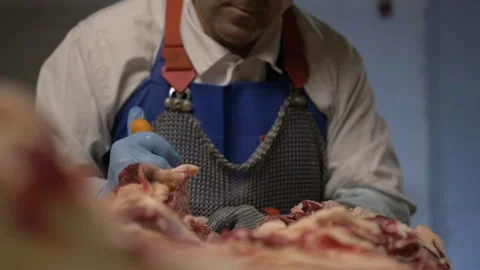 Meat processing plant, butcher cuts beef carcasses, meat production and food 스톡 동영상 156056108