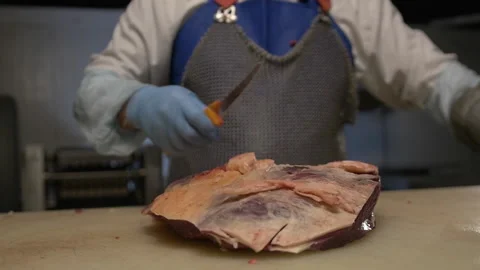 Meat processing plant, butcher cuts beef carcasses, meat production and food Stock Footage 156056741